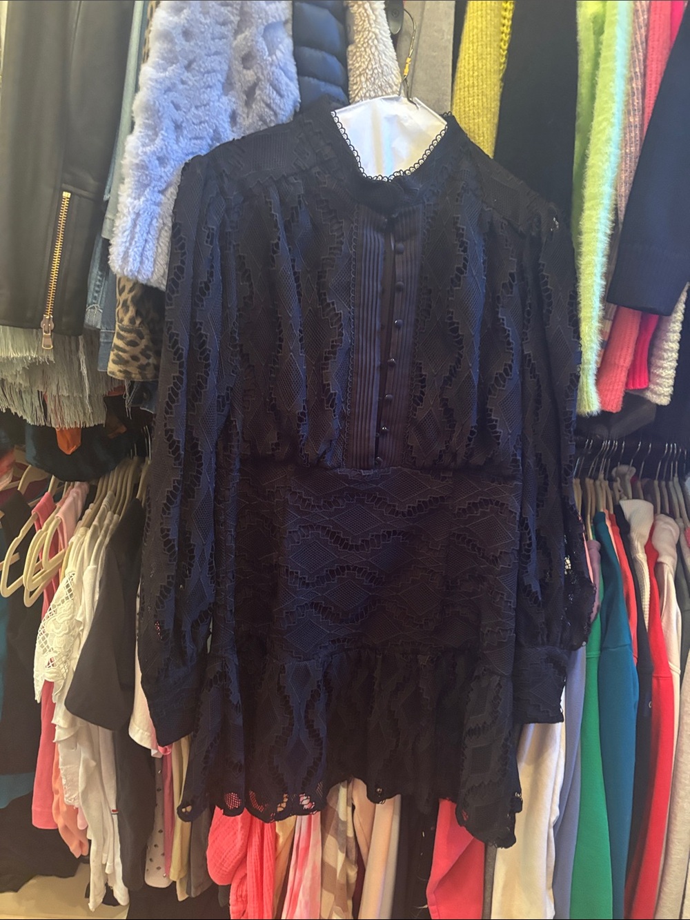 Bardot Black Lace Mini Dress with Long Sleeves